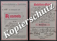 Gesellenbrief Handwerkskammer Saarbrücken, ausgestellt Trier, 22.4.1912,Schiller