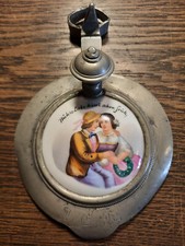 Zinndeckel mit handgemalten Porzellanbild für große Bier Krug Kanne um 1850 