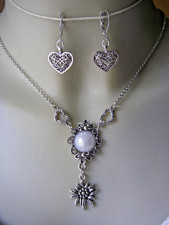 Trachten Kette weißer Stein Edelweiß Herz Ohrringe Wasen Dirndl SET Oktoberfest