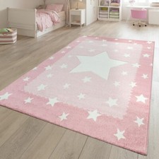 Spielteppich Weiß Rosa Kinderzimmer Stern Muster Bordüre 3-D Design Kurzflor