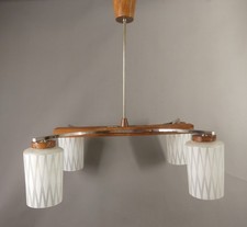 Sixties Teak Lampe Kronleuchter Glas 4 flammig rechteckig 60er Jahre