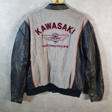 Vintage Kawasaki Letterman Wolle Leder Bomber Jacke Herren XL Grau USA