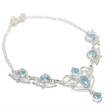 Aqua Aquamarin Edelstein Handarbeit 925 Sterlingsilber Schmuck Halskette Größ...