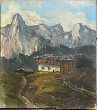 ::HAUS IN DEN ALPEN °BERGBAUERNHOF ANTIK ÖLGEMÄLDE ALM GIPFEL UM 1940 KOPPEL ÖL