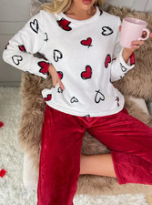 Damen Flanell Pyjama Set mit Herz-Muster - Lässiges Langarm-Oberteil Rundhals