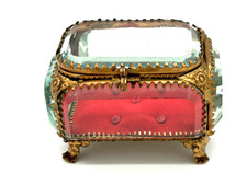 Tolle antik Schmuckschatulle / Dose bronziert geschliffenes Glas + Samtkissen