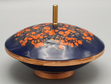 Midcentury alte KUPFER- Emaille DECKELDOSE blau-rot-gold gesprenkelt DDR gut