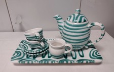 Gmundner Keramik grün geflammt Mokkaset 2 Tassen Kanne & Milchkännchen Tablett 