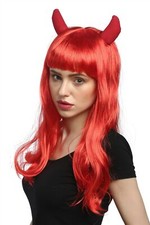Perücke Damen Karneval Halloween Lang Rot Hörner Horns Teufelin Pony She-Devil