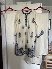 Salwar Kameez Pakistanische Tracht Indisch Strickerei Bollywood Weiß Blau 3 Teil