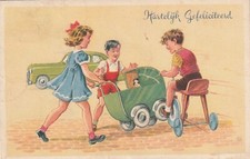 Künstler-AK  1928 - Kinder m. Puppe, Puppenwagen + Dreirad - Auto - Verlag: ?