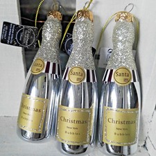 3 x Champagner 12.5cm Flasche Sekt Glitzer Silber Baumschmuck Christbaumkugel