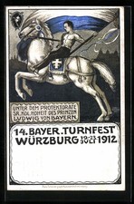 Künstler-AK Würzburg, 14. Bayer. Turnfest 1912, Turner auf Pferd, Ganzsache Bay 