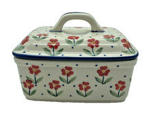 Bunzlauer Keramik Butter-Kästchen - rote Blumen - II Wahl