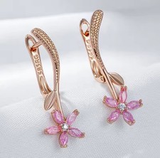 Damen Ohrringe/Ohrhänger 14k 585 Rolled Rosegold 2,9cm Rosa Zirkonia Blume