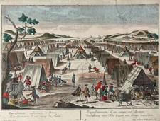 Europäisches Militärlager Ansicht Probst altkol. Guckkasten-Kupferstich 18. Jh.
