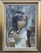 Impressionist Porträt eines Mädchens Ölbild Midcentury Modern 82 x 63 cm 