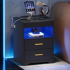 LED Nachttisch Versteckte Schublade,Nachtschrank mit Intelligente Ladestation