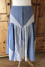 Blauer Vintage Rock Gr. 12 80er EUR 38 Western Chambray Spitze Country Boho Maxi