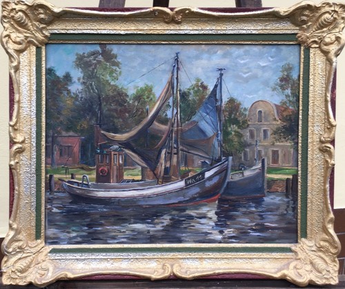ölbild fischerboote hafen - Ölbild,