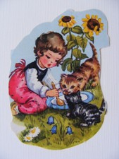 Glanzbild Oblate Poesiealbum Sammlung Kinder alt Mädchen Katze Garten Sommer