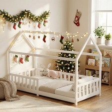 Kinderbett Hausbett Rausfallschutz Lattenrost | 90x200 | 80x160 | Weiß | Natur