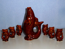 Vintage DDR Keramik Steingut Fisch Dekanter + 6 Becher braun Trinkset 7 Teile