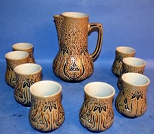 Trinkset Krug + 8 Becher Keramik Gerz Höhr Jugendstildekor Blumen