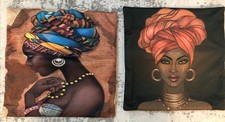 2 Kissenbezüge mit versch. afrikanische Frau-Motiven, 42 x 42 cm
