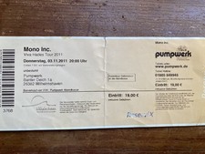 Mono Inc. Viva Hades Tour Ticket 201-11-03, Pumpwerk Wilhelmshaven