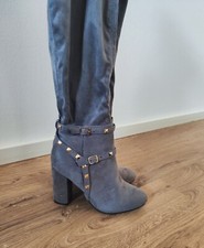 Sexy Damen Overknees Overknee-Stiefel grau samtig bequem Nieten goldfarben Gr 36