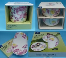 Tchibo-Geschirr-Set 6tl - Tasse-Teller-Schalen-Kuchenplatte "Blumen" - Neuwertig