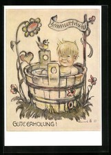 Künstler-AK Hummel: Gute Erholung!, Kind sitzt im Badezuber 