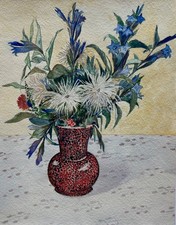 Aquarell Stillleben mit Blumen Anonym Art-Deco 29,8 x 23,2 cm