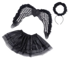 Mädchen Damen schwarzer Engel Flügel Kostüm 3tlg. Tutu Set Halloween Karneval