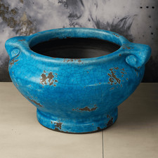 Vase Dekovase XL Keramik Used Look blau Rostoptik Blumenvase für Kunstblumen