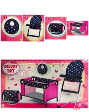 Reisebett Hochstuhl Umhängetasche & Lätzchen bis 46 cm Puppen Zubehörset  Spiel