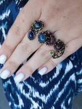 Einzigartiger Zweifingerring 925 Silber mit schwarzen Opal, Granat, Peridot