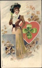 Litho Frau mit Weinglas, Weinranken, Herz, Kleeblatt - 10808672