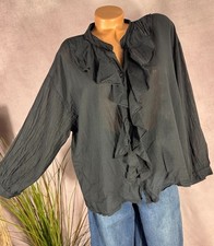 Damen Bluse Rüschen 100% Baumwolle Ballonärmel One Size 40-46 Washed Out schwarz