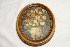 Ovales Bild,Seide,Stillleben mit BLUMEN,brauner Holzrahmen  27 x 22 cm