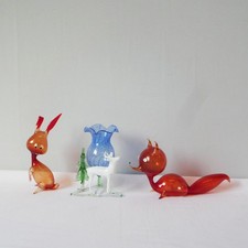 3x Lauscha Glas Figuren Tiere 1x Fuchs, 1x Hase + 1x Hirsch + Tanne mit Vase