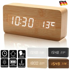 LED Digital Wecker Tischuhr Holz Uhr Beleuchtet Nachtthermometer Schlummermelder