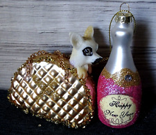 2 Glas Christbaumkugeln-Chihuahua i. Tasche-Sektflasche & Hund-Baumschmuck-Deko*