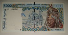 West African States 5000 Francs 2002 Letter D Mali VF Very Fine