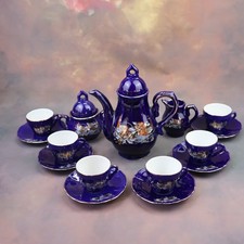 Vintage Porzellan Mokkaservice, Echt Kobalt, Blume mit Vogelmotiv, 1950er Jahren