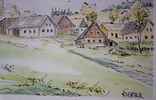 Kleines Aquarell, Dörfliche Idylle, signiert Richter