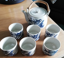 Neu Vintage Teeservice 6 Pers. 7teilig Mugs Becher Teekanne Sieb Bambus blau