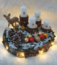 Adventsgesteck, Adventskranz Weihnachten Advent Tischdeko LED Sterne Holz 30cm