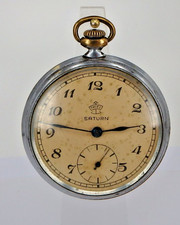 Offene Herrentaschenuhr Thiel Typ "Saturn" Messing / Nickel um 1930 (108389)